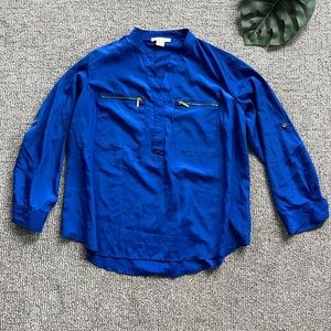Michael Kors Cobalt Blue Button-Tab Sleeve Zip Pocket Blouse